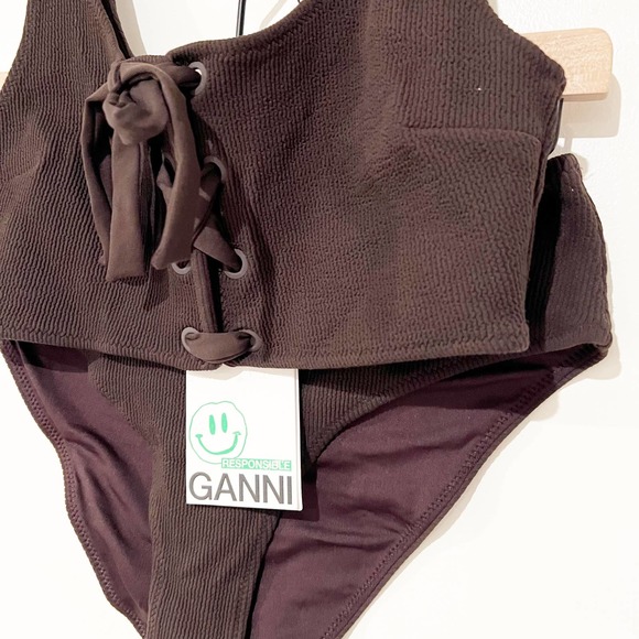 NWT Ganni Lace Up Grommet Tank Ribbed Dark Brown Bikini Set size 38/US 6 - Picture 9 of 9